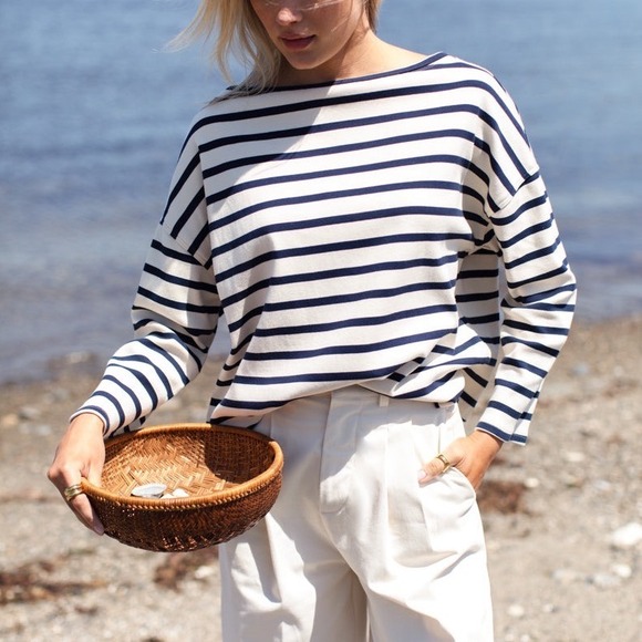 Emerson Fry Tops - Emerson Fry Organic Boxy Stripe 3/4 Sleeve Top Womens OS Cream Navy Boat Neck